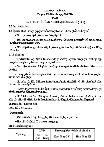 Kế hoạch bài dạy Giáo dục thể chất Lớp 1 đến Lớp 5 - Tuần 1 - Năm học 2024-2025 - Nguyễn Thị Huệ