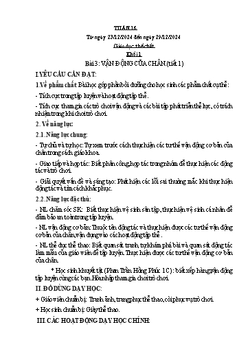 Kế hoạch bài dạy Giáo dục thể chất Lớp 1 đến Lớp 5 - Tuần 16 - Năm học 2024-2025 - Nguyễn Thị Huệ