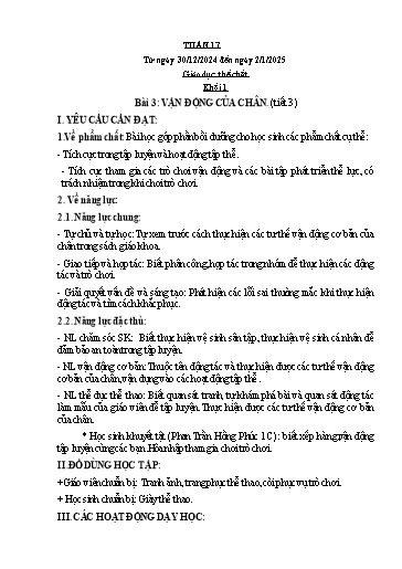 Kế hoạch bài dạy Giáo dục thể chất Lớp 1 đến Lớp 5 - Tuần 17 - Năm học 2024-2025 - Nguyễn Thị Huệ