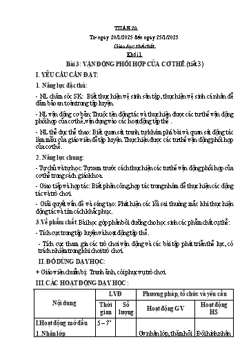 Kế hoạch bài dạy Giáo dục thể chất Lớp 1 đến Lớp 5 - Tuần 20 - Năm học 2024-2025 - Nguyễn Thị Huệ