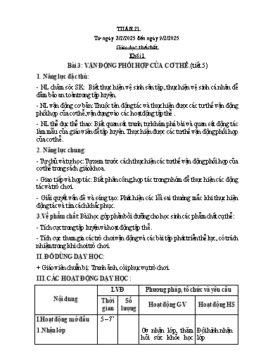 Kế hoạch bài dạy Giáo dục thể chất Lớp 1 đến Lớp 5 - Tuần 21 - Năm học 2024-2025 - Nguyễn Thị Huệ