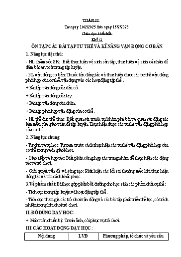 Kế hoạch bài dạy Giáo dục thể chất Lớp 1 đến Lớp 5 - Tuần 22 - Năm học 2024-2025 - Nguyễn Thị Huệ
