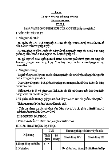 Kế hoạch bài dạy Giáo dục thể chất Lớp 1 đến Lớp 5 - Tuần 25 - Năm học 2024-2025 - Nguyễn Thị Huệ