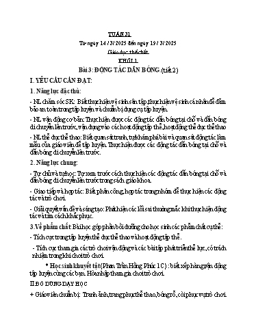 Kế hoạch bài dạy Giáo dục thể chất Lớp 1 đến Lớp 5 - Tuần 31 - Năm học 2024-2025 - Nguyễn Thị Huệ