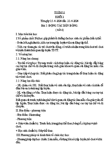 Kế hoạch bài dạy Giáo dục thể chất Lớp 2 - Tuần 31 - Năm học 2023-2024 - Nguyễn Thị Huệ