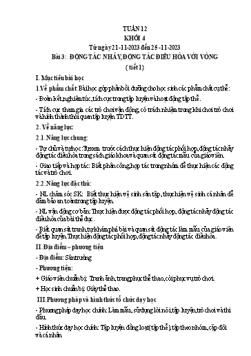 Kế hoạch bài dạy Giáo dục thể chất Lớp 4 - Tuần 12 - Năm học 2023-2024 - Nguyễn Thị Huệ