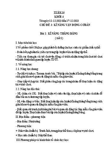 Kế hoạch bài dạy Giáo dục thể chất Lớp 4 - Tuần 15 - Năm học 2023-2024 - Nguyễn Thị Huệ