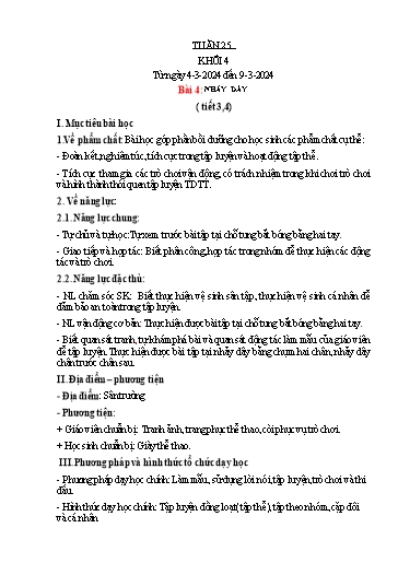 Kế hoạch bài dạy Giáo dục thể chất Lớp 4 - Tuần 25, Bài 4 (Tiết 3, 4) - Năm học 2023-2024 - Nguyễn Thị Huệ
