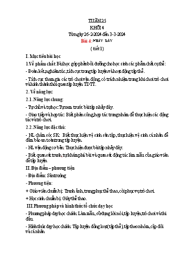 Kế hoạch bài dạy Giáo dục thể chất Lớp 4 - Tuần 25, Bài 4 (Tiết 1, 2) - Năm học 2023-2024 - Nguyễn Thị Huệ