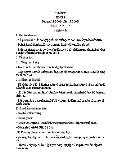 Kế hoạch bài dạy Giáo dục thể chất Lớp 4 - Tuần 26, Bài 4 (Tiết 5, 6) - Năm học 2023-2024 - Nguyễn Thị Huệ