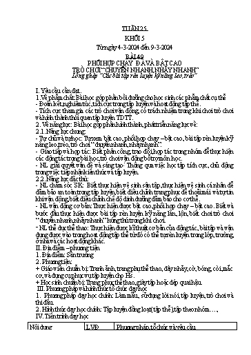 Kế hoạch bài dạy Giáo dục thể chất Lớp 5 - Tuần 25, Bài 49 + 50 - Năm học 2023-2024 - Nguyễn Thị Huệ