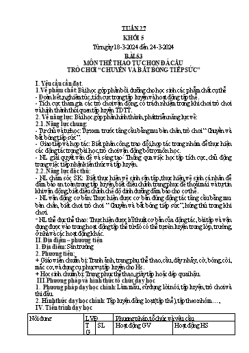 Kế hoạch bài dạy Giáo dục thể chất Lớp 5 - Tuần 27 - Năm học 2023-2024 - Nguyễn Thị Huệ