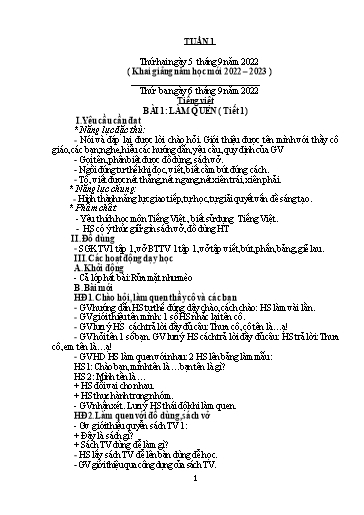 Kế hoạch bài dạy Lớp 1 - Tuần 1 - Năm học 2022-2023 - Nguyễn Thị Ánh Tuyết