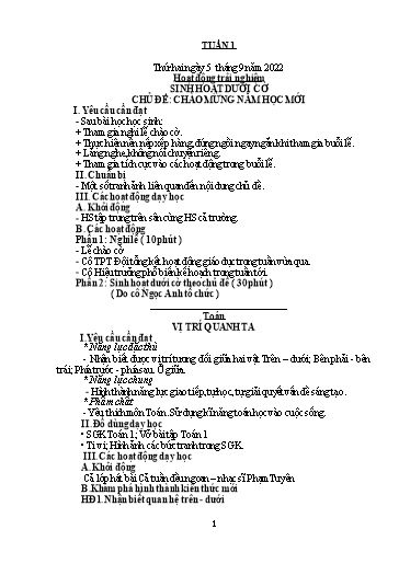 Kế hoạch bài dạy Lớp 1 - Tuần 1 - Năm học 2022-2023 - Nguyễn Thị Ánh Tuyết (tiếp theo)