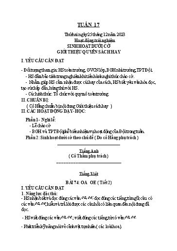 Kế hoạch bài dạy Lớp 1 - Tuần 17 - Năm học 2023-2024 - Nguyễn Thị Ánh Tuyết