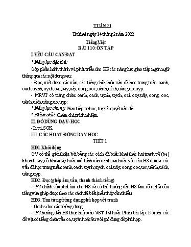 Kế hoạch bài dạy Lớp 1 - Tuần 21 - Năm học 2021-2022 - Nguyễn Thị Ánh Tuyết
