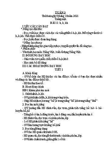 Kế hoạch bài dạy Lớp 1 - Tuần 3 - Năm học 2021-2022 - Nguyễn Thị Ánh Tuyết