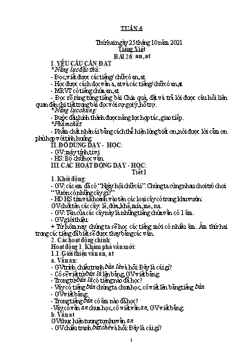 Kế hoạch bài dạy Lớp 1 - Tuần 6 - Năm học 2021-2022 - Nguyễn Thị Ánh Tuyết