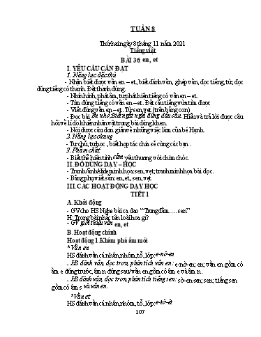 Kế hoạch bài dạy Lớp 1 - Tuần 8 - Năm học 2021-2022 - Nguyễn Thị Ánh Tuyết