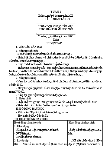 Kế hoạch bài dạy Lớp 3 - Tuần 1 - Năm học 2023-2024 - Trần Thị Vân