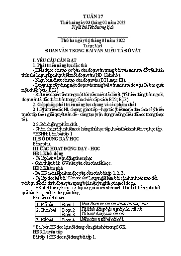 Kế hoạch bài dạy Lớp 4 - Tuần 17 - Năm học 2021-2022 - Hoàng Thị Trang