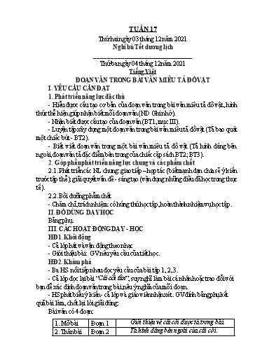 Kế hoạch bài dạy Lớp 4 - Tuần 17 - Năm học 2021-2022 - Hoàng Xuân Bách