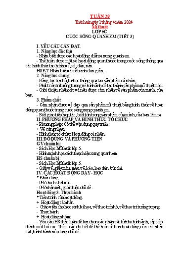 Kế hoạch bài dạy Mỹ thuật + Kỹ thuật + Công nghệ Tiểu học - Tuần 29 - Năm học 2023-2024 - Trần Thị Thu