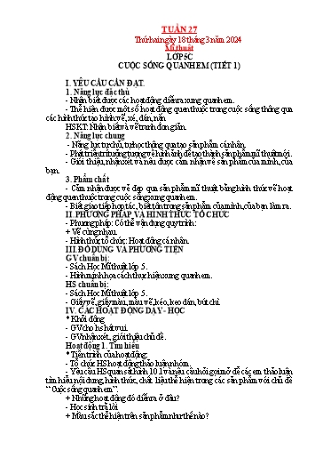 Kế hoạch bài dạy Mỹ thuật + Kỹ thuật + Công nghệ Tiểu học - Tuần 27 - Năm học 2023-2024 - Trần Thị Thu