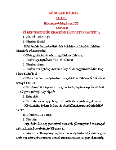 Kế hoạch bài dạy Mỹ thuật + Kỹ thuật Tiểu học - Tuần 1 - Năm học 2023-2024 - Trần Thị Thu