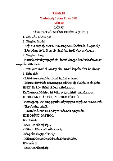 Kế hoạch bài dạy Mỹ thuật + Kỹ thuật Tiểu học - Tuần 10 - Năm học 2023-2024 - Trần Thị Thu