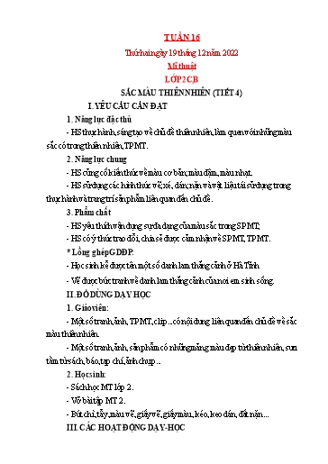 Kế hoạch bài dạy Mỹ thuật + Kỹ thuật Tiểu học - Tuần 16 - Năm học 2022-2023 - Trần Thị Thu