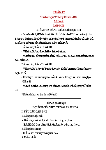 Kế hoạch bài dạy Mỹ thuật + Kỹ thuật Tiểu học - Tuần 17 - Năm học 2022-2023 - Trần Thị Thu