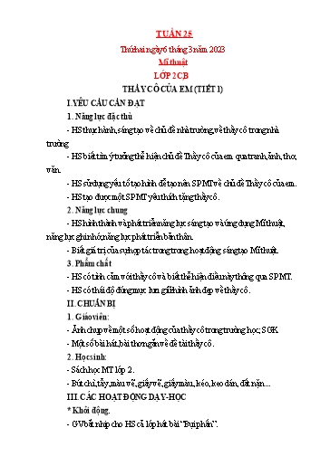 Kế hoạch bài dạy Mỹ thuật + Kỹ thuật Tiểu học - Tuần 25 - Năm học 2022-2023 - Trần Thị Thu