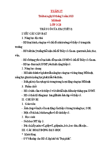 Kế hoạch bài dạy Mỹ thuật + Kỹ thuật Tiểu học - Tuần 27 - Năm học 2022-2023 - Trần Thị Thu