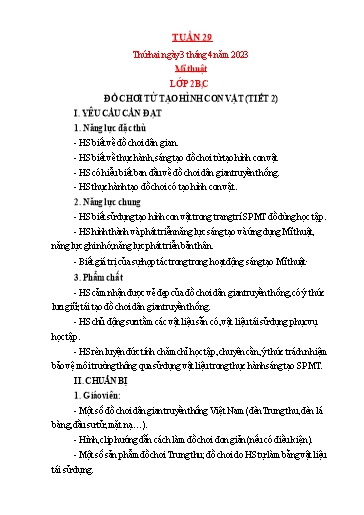 Kế hoạch bài dạy Mỹ thuật + Kỹ thuật Tiểu học - Tuần 29 - Năm học 2022-2023 - Trần Thị Thu