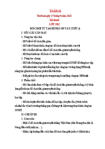 Kế hoạch bài dạy Mỹ thuật + Kỹ thuật Tiểu học - Tuần 31 - Năm học 2022-2023 - Trần Thị Thu