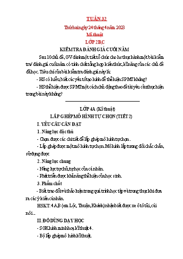 Kế hoạch bài dạy Mỹ thuật + Kỹ thuật Tiểu học - Tuần 32 - Năm học 2022-2023 - Trần Thị Thu