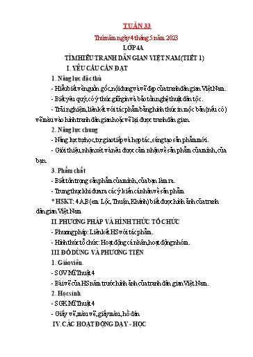 Kế hoạch bài dạy Mỹ thuật + Kỹ thuật Tiểu học - Tuần 33 - Năm học 2022-2023 - Trần Thị Thu