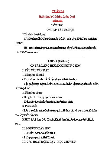 Kế hoạch bài dạy Mỹ thuật + Kỹ thuật Tiểu học - Tuần 35 - Năm học 2022-2023 - Trần Thị Thu