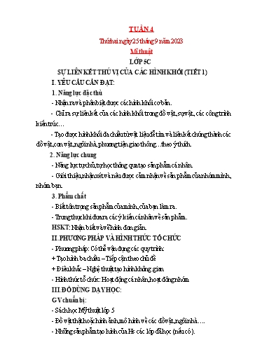 Kế hoạch bài dạy Mỹ thuật + Kỹ thuật Tiểu học - Tuần 4 - Năm học 2023-2024 - Trần Thị Thu