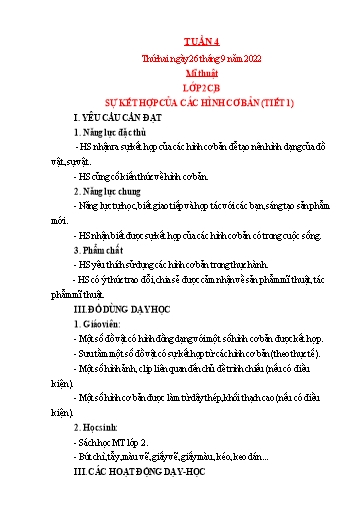 Kế hoạch bài dạy Mỹ thuật + Kỹ thuật Tiểu học - Tuần 4 - Năm học 2022-2023 - Trần Thị Thu