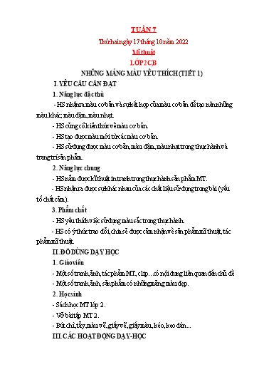 Kế hoạch bài dạy Mỹ thuật + Kỹ thuật Tiểu học - Tuần 7 - Năm học 2022-2023 - Trần Thị Thu