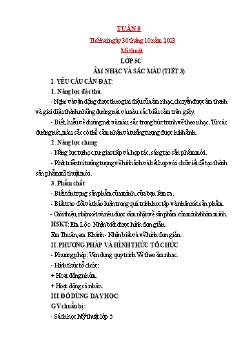 Kế hoạch bài dạy Mỹ thuật + Kỹ thuật Tiểu học - Tuần 9 - Năm học 2023-2024 - Trần Thị Thu