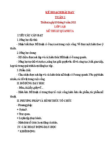Kế hoạch bài dạy Mỹ thuật Lớp 1, 2, 3, 5 - Tuần 2 - Năm học 2021-2022 - Trần Thị Thu