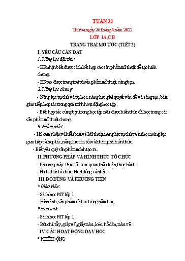 Kế hoạch bài dạy Mỹ thuật Lớp 1 - Tuần 30 - Năm học 2021-2022 - Trần Thị Thu
