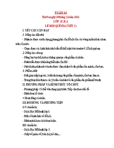 Kế hoạch bài dạy Mỹ thuật Lớp 3 + Lớp 5 - Tuần 16 - Năm học 2021-2022 - Trần Thị Thu