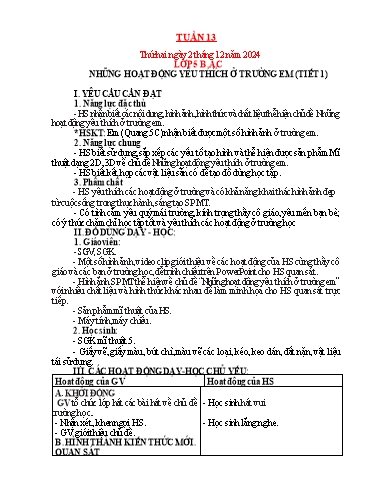 Kế hoạch bài dạy Mỹ thuật Tiểu học - Tuần 13 - Năm học 2024-2025 - Trần Thị Thu