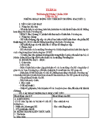 Kế hoạch bài dạy Mỹ thuật Tiểu học - Tuần 14 - Năm học 2024-2025 - Trần Thị Thu
