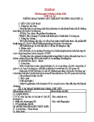 Kế hoạch bài dạy Mỹ thuật Tiểu học - Tuần 15 - Năm học 2024-2025 - Trần Thị Thu