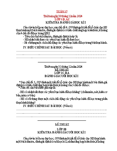 Kế hoạch bài dạy Mỹ thuật Tiểu học - Tuần 17 - Năm học 2024-2025 - Trần Thị Thu